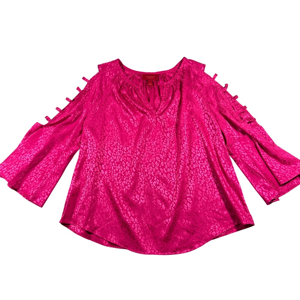 Jennifer Lopez Blouse Women XL Pink Leopard Cold Shoulder Bell Sleeve Satin Top